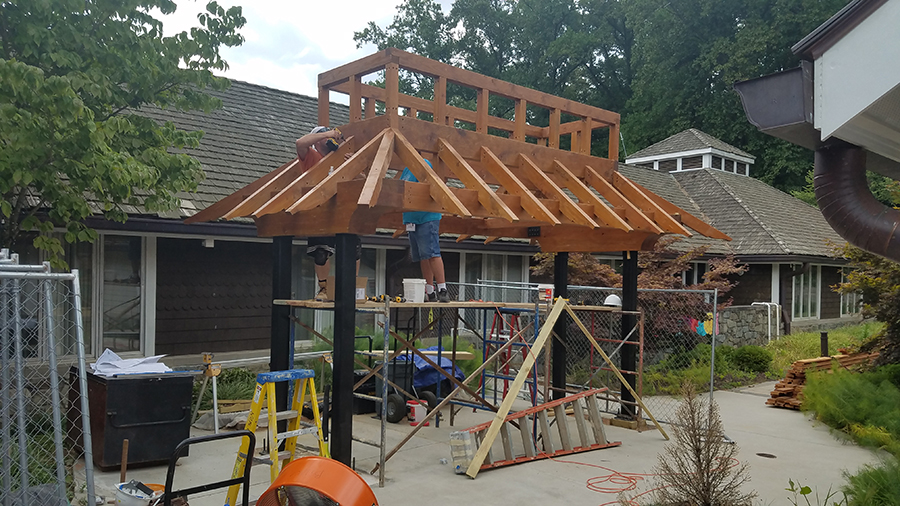 Construction on custom barbeque pavilion at Children's Inn at NIH
